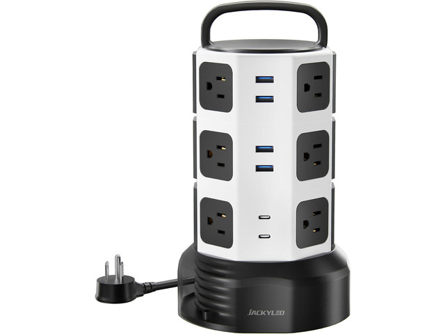 JACKYLED Power Strip Tower Surge Protector, 12 AC 6 USB (2 USB C), 1050J Retractable Extension Cord with Multiple Outlets, 1625W/13A Outlet...