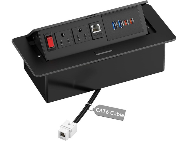 Kungfuking Conference Table Power Outlets with 2 USB C PD 30W, CAT6 Port Recessed Table Power Outlets with Switch, CAT6 Cable, 2 USB-C & 2 USB-A...