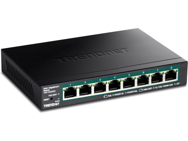 TRENDnet 8-Port Gigabit EdgeSmart PoE+ Switch, TPE-TG82ES Desktop Switch, wall mountable, compact, Lifetime Protection, Black