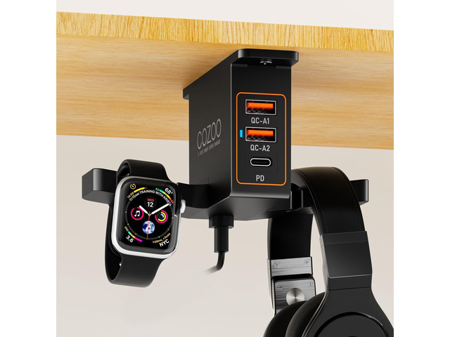 Desk Headphone Holder Hook Headset Watch Cable Bag Storage Black 2 USB-A & 1 Type-C Ports; Holds Headphones,Watches, Cables, Various...