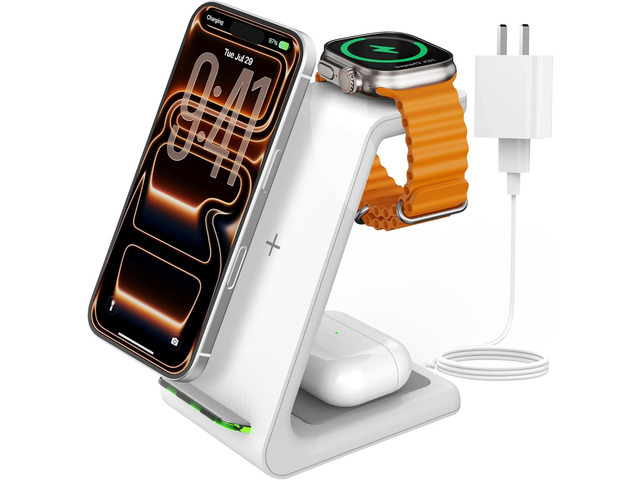 Charging Station for iPhone and Apple Watch: 3 in 1 Wireless Phone Charger Stand for iPhone 17 16 15 14 13 12 11 Pro Max & AirPods, Bedside...
