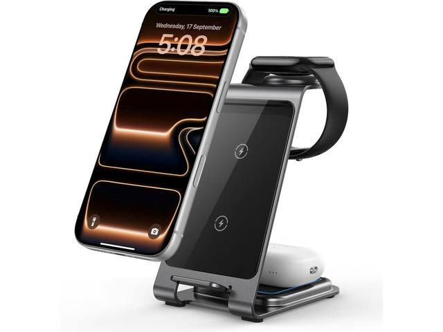 Intoval Aluminum 3 in 1 Wireless Charging Station for iPhone 17 16 15 14 13 12 11 Pro Max XR, Wireless Charger for Apple Watch 11 10 9 8 7 Ultra SE...