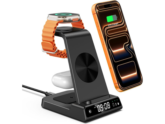 Wireless Charger for iPhone 17/16/15/14/13/12/11/X Series 3-in-1 Charging Station with Clock, for Apple Watch Watch 11/10/9/8/7/6/5, Adapter Not...