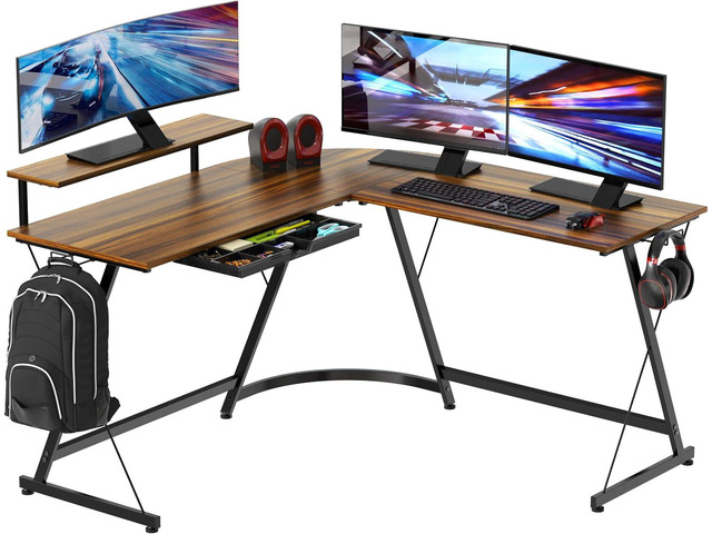 SHW 51 x 51 L-Shaped Corner Desk w/Monitor Stand and Drawer, Walnut Drawer with adjustable compartments