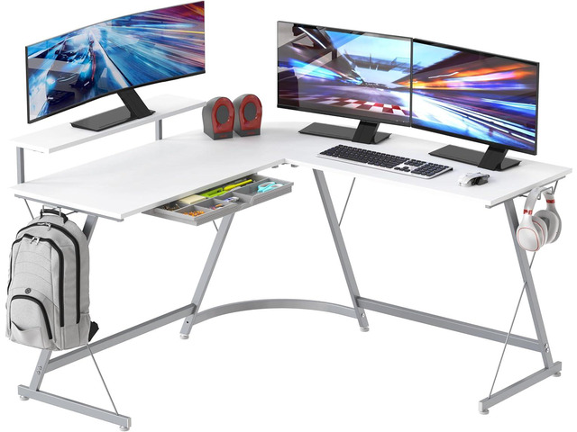 SHW 51 x 51 L-Shaped Corner Desk w/Monitor Stand and Drawer, White Drawer with adjustable compartments
