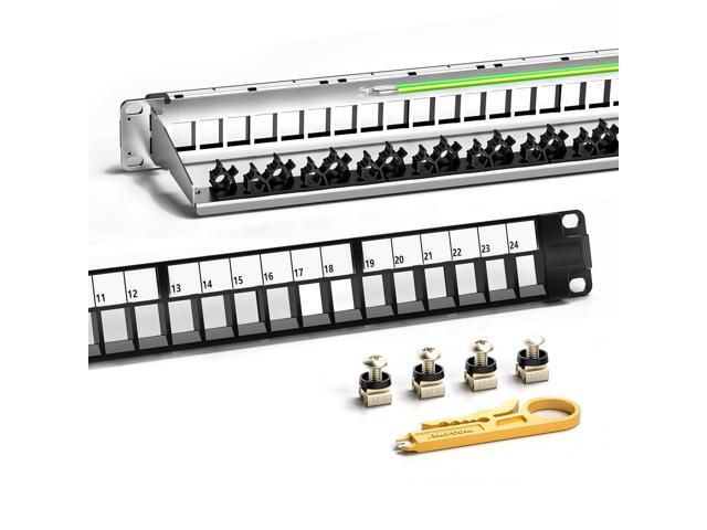 AMPCOM 24 Ports 1U Blank Keystone Patch Panel, 19 inch Rack or Wall Mount with Rear Cable Management Panel for Ethernet CAT5e/CAT6/CAT7, USB, HDMI
