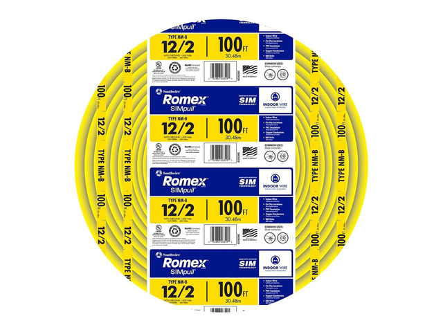 Southwire Romex Brand Simpull Solid Indoor 12/2 W/G NMB Cable 100ft Coil - SW# 28828228,Yellow, Copper, Nylon, Polyvinyl Chloride (PVC)