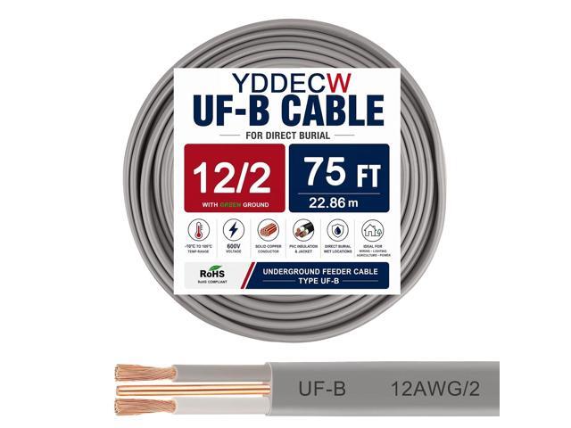 12/2 UF-B Wire - 75FT 100% Pure Copper 12AWG 2 Connector Direct Burial Electrical Cable 12 Gauge for Underground Feeder Wet or Corrosive Locations.