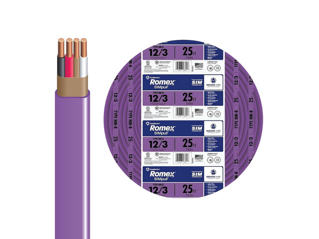 Southwire Romex SIMpull Residential Wire, 12 Gauge, 3 Conductor, 25 Ft, W/G NM-B Cable, Purple, 63947821