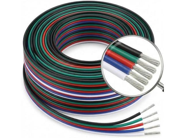 EvZ 22 AWG 5-Pin RGBW LED Extension Cable (66ft/20m) - 5 Conductor 22 Gauge Parallel Hookup Wire for 5050 3528 RGB+White LED Strips, 12V/24V DC.