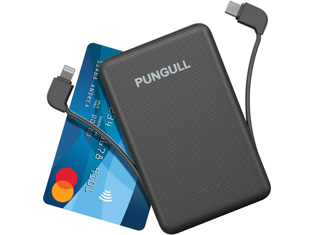 Slim Portable Charger 5000mAh - Compact Mini Small Power Bank Built-in Cable Cute Mobile Cell Phone External Battery Pack 5V 2.1A USB-C Compatible...