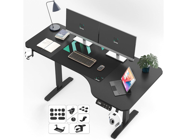 JWX Dual Motor L Shaped Standing Desk 63, Electric Height Adjustable Gaming Desk with Memory Presets, Child Lock, Sit Stand Reminder, Carbon Fiber...