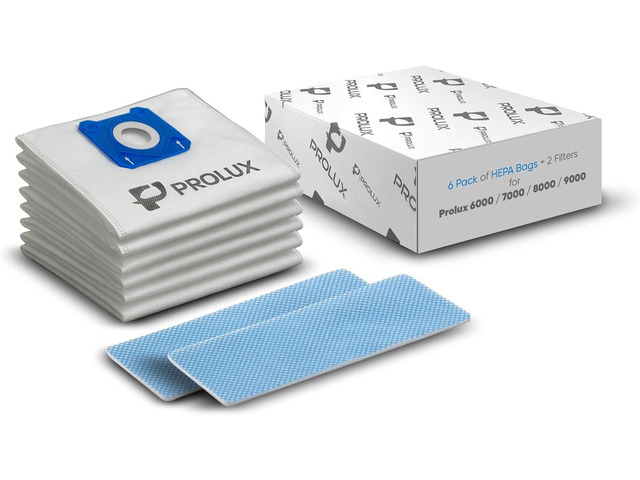 6 pack of HEPA bags and 2 post Filters for the Prolux 6000/7000/8000/9000 series upright vacuum cleaners