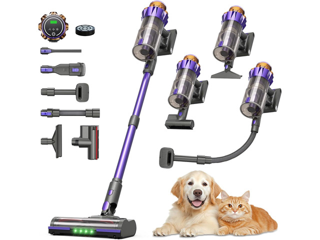 Cordless Vacuum Cleaner pet Hair, 600W 55kPa up to70Mins Stick Vacuum Cleaners for Home with Pet Brush, Self-Standing and Touch Screen,