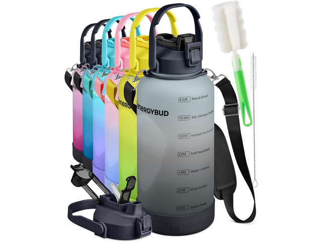 1 Gallon Water Bottle With Straw Dishwasher-Safe BPS & BPA Free, 2 Cleaning Brush Motivational 128oz Water Jug with Time Markers, Wide-Mouth...