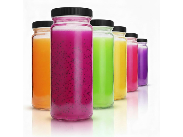 All About Juicing Clear Glass Water Bottles Set - 6 Pack Wide Mouth with Lids for Juice, Smoothies, Beverage Storage - 16 oz, Durable, Reusable,...