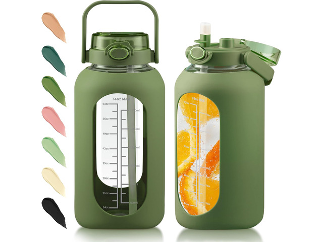 74 oz Glass Water Bottle with 2-in-1 Straw Lid Large Gallon Water Bottle with Time Marker & Removable Silicone Sleeve,Wide Mouth BPA-Free...