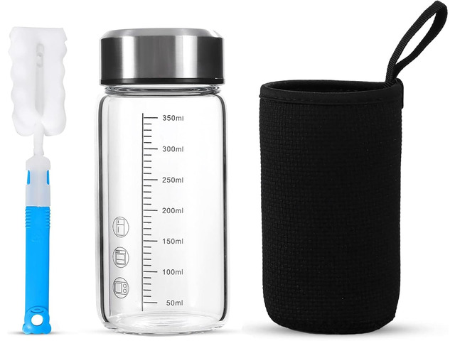 12Oz Small Glass Water Bottle with Lid and Sleeve,0.15in/3.8mm Thick Shaker Bottles for Protein Mixes,Juicing,Smoothies, Infused...