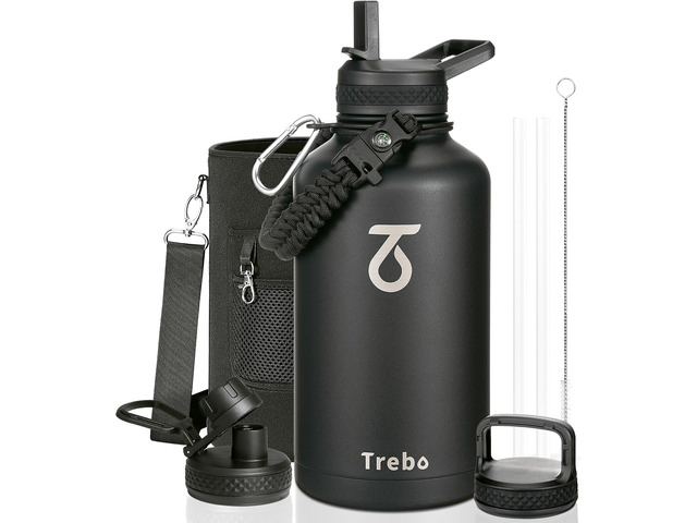 Trebo 64 oz Water Bottle Stainless Steel with 3 Lids, Paracord Handle & Bag