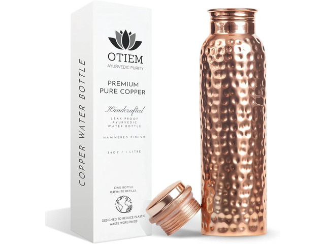 Otiem 100% Copper Water Bottle for Drinking Water, 34 Oz Hammered Finish