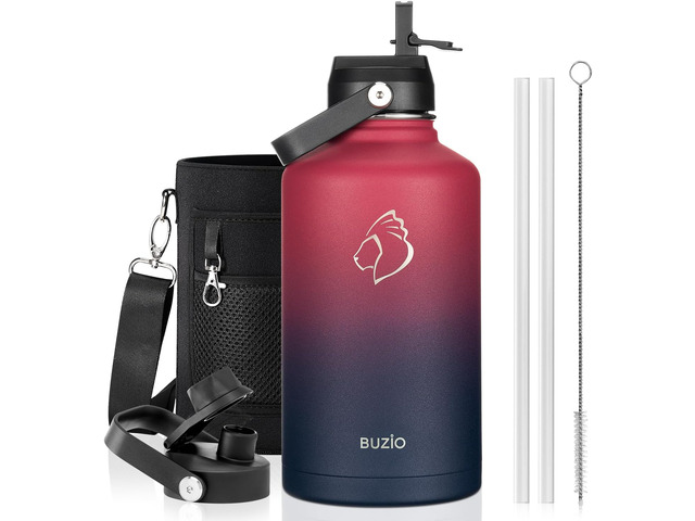 BUZIO 64 oz Insulated Stainless Steel Water Bottle with Dust-proof Lids