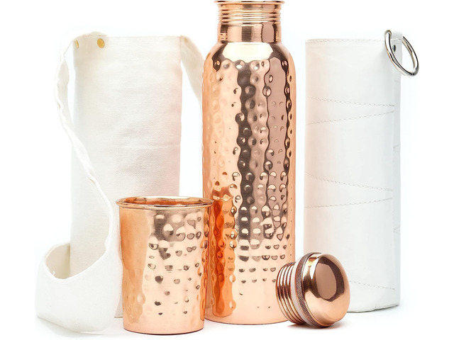 Kitchen Science 34 oz Copper Water Bottle Set with Tumbler & 2 Sleeves