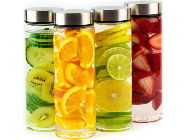 Juice Bottles, Wide Mouth Glass Water Bottles & Stainless Steel Lids, 16oz