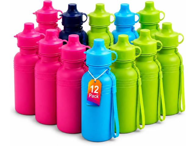 4E's Novelty Bulk Water Sports Bottles for Kids 18 oz - 12 Pack Squeeze Reusable Plastic, Neon Colors, BPA Free, Water Bottles Party Favor Gift...