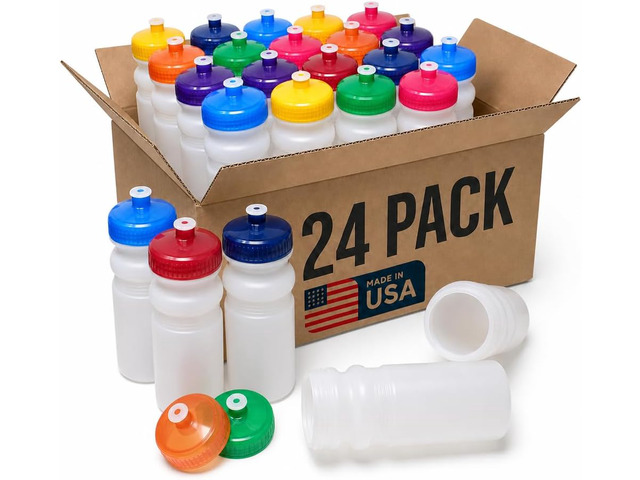 Rolling Sands Reusable Bulk Water Bottles 24 Pack - 20 Oz Sports Water Bottles, USA Made, BPA-Free, Wide Mouth for Easy Cleaning, Dishwasher Safe,...