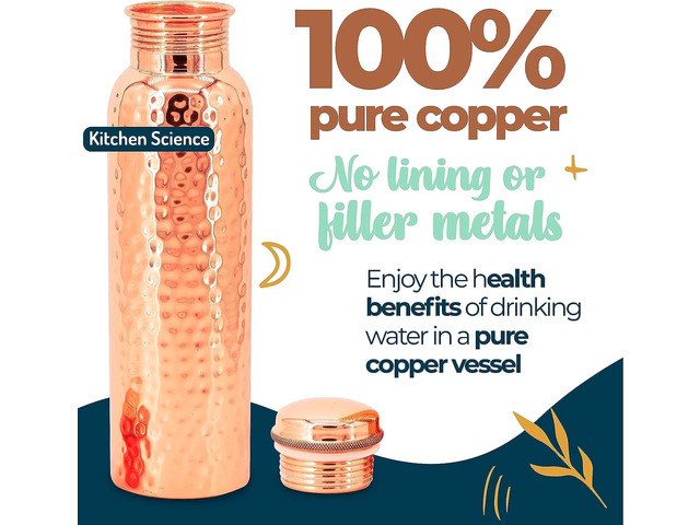 Kitchen Science- Hammered Copper Water Bottle 34oz/1000ml with Carry Bag Leak-Proof, Heavy Duty, Lab-Tested, Ayurvedic Bottle