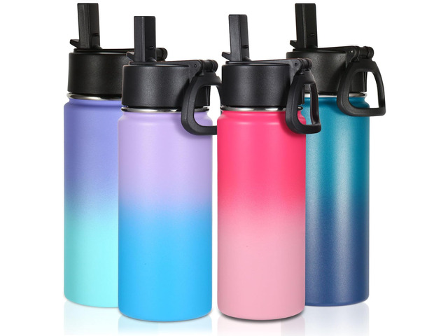 Volhoply 16 OZ Kids Water Bottle Bulk 4 Pack,Insulated Sports Bottles with Straw Lid,Stainless Steel Bottle with Handle Keep Cold,Double Wall...
