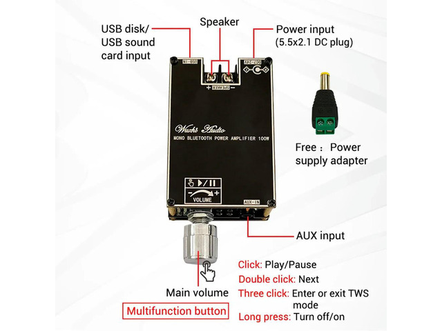 ZK-1001B Mono 100W Bluetooth 5.1 Audio Power Amplifier Module DC7-24V Power Amplifier Chip TPA3116 With TWS Box Function