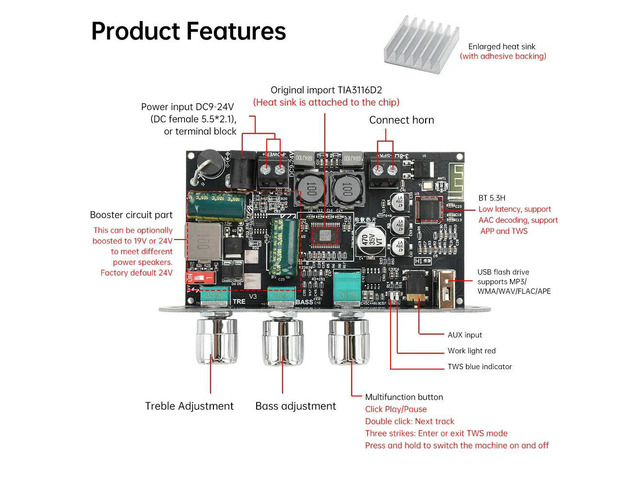 ZK-1001U 100W BT Mono Amplifier Board Module DC 9-24V Home Theater TPA3116D2 Female Socket 5.5*2.1 Interface