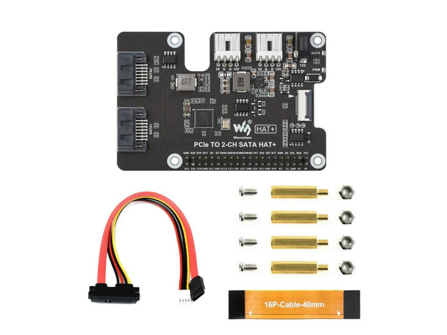 Waveshare PCIe TO 2-CH SATA HAT+ Raspberry Pi 5 PCIe to SATA Expansion Board with EEPROM HAT+