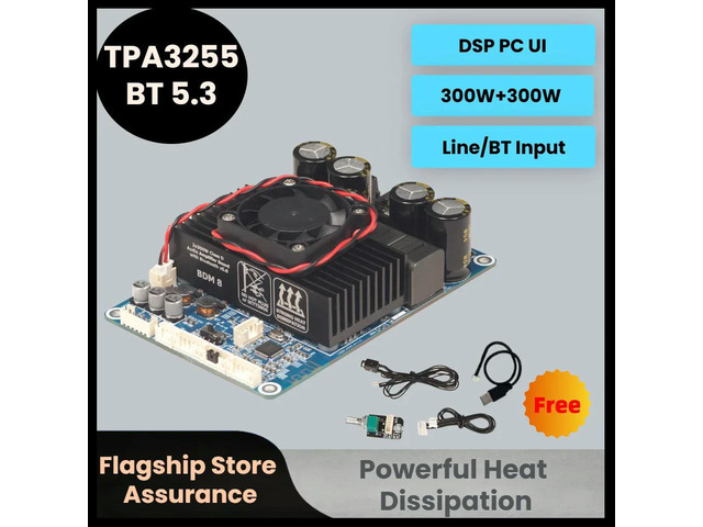 300W+300W DSP PC UI TPA3255 Bluetooth 5.3 Audio Amplifier DC18-48V AUX Input Volume Control BDM8 Audio Amplifier Board