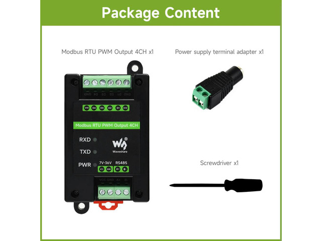 Waveshare Industrial 4-Ch PWM Output Module, Modbus RTU Protocol,RS485 Interface, Adjustable Frequency and Duty Cycle