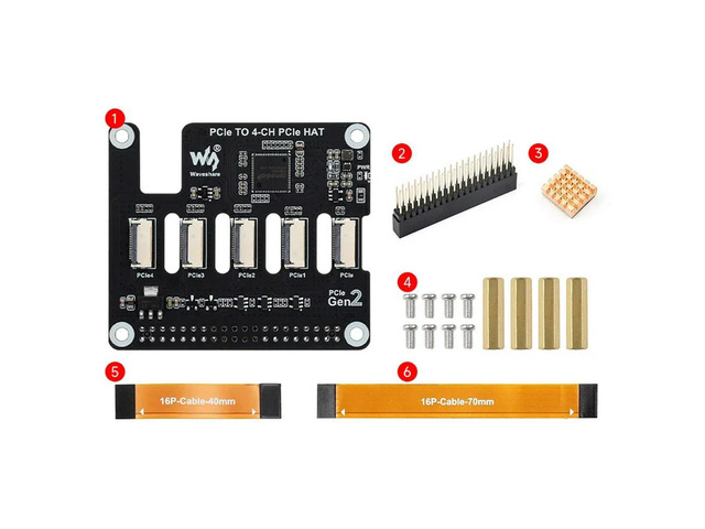 Waveshare PCIe TO 4-CH PCIe HAT Raspberry Pi 5 PCIe to 4-CH FFC Expansion Board PCIe HAT Module Pi5 4 Channels