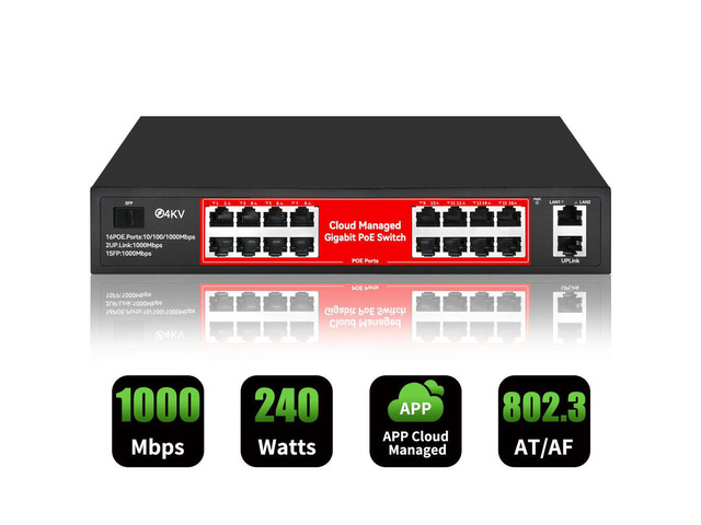 Cloud managed PoE switch Full Gigabit 16 port 1000Mbps + 2 port Gigabit uplink + 1 SFP port PoE switch for cameras