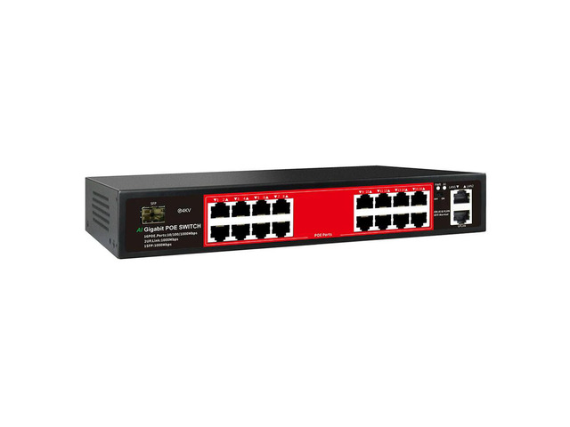 16-Port full Gigabit PoE switch with 2 Gigabit uplink 802.3af/at compatible 240W built-in power supply for IP cameras, WAP, CCTV