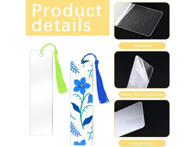 YM-Transparent Acrylic Bookmark Blanks 50 Pcs Clear Bookmarks Rectangle,Book Page Markers Bulk With Tassels