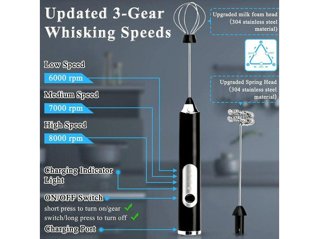 Electric Whisk Milk Frother Handheld Drink Mixer, 3 Speeds Adjustable Maker for Coffee, Lattes, Matcha, Hot Chocolate Black