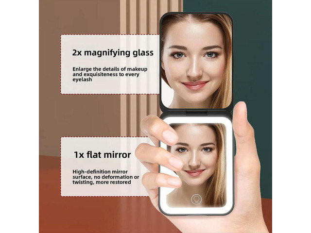Compact Mini Vanity Folding Cosmetic Mirror with Lights Hand Held Small Pocket Travel Makeup Mirror 2X Magnifying Pink