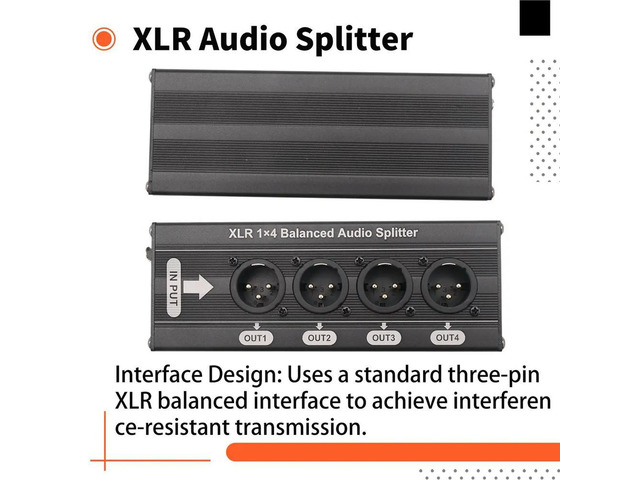 XLR 1x4 Balanced Audio Splitter 1 in 4 Out 3 Pin XLR Audio Splitter Audio Signal Splitter Box No Power Supply Required