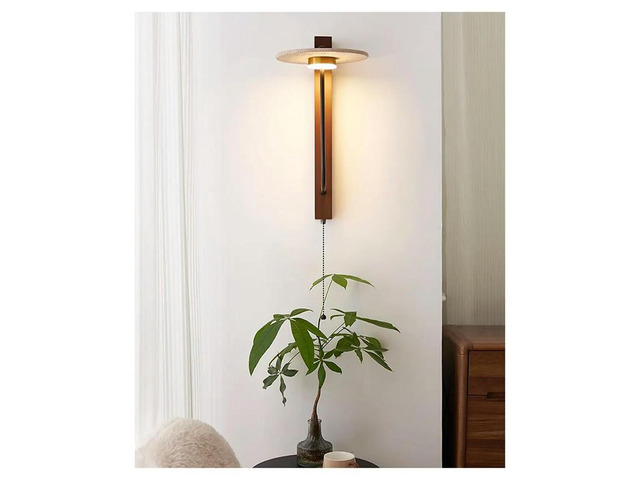 Light Fixture with Natural Stone Lamp Shade Pull Cord Switch Wood Base, Art Deco Wall Sconces for Bedside Bedroom