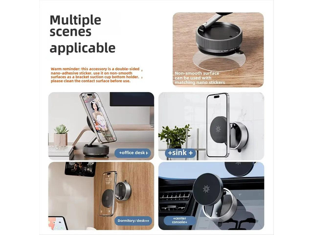 Magnetic Vacuum Car Mount Mobile Phone Holder Foldable Double-Sided Suction Cup 360° Rotation Smartphone Stand Black