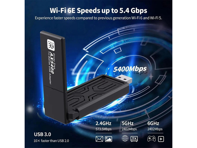 AX5400 6E USB Adapter Card 2.4G/5G/6GHz Tri-Band 5400Mbps USB3.0 6E Adapter for Win10 & Win11