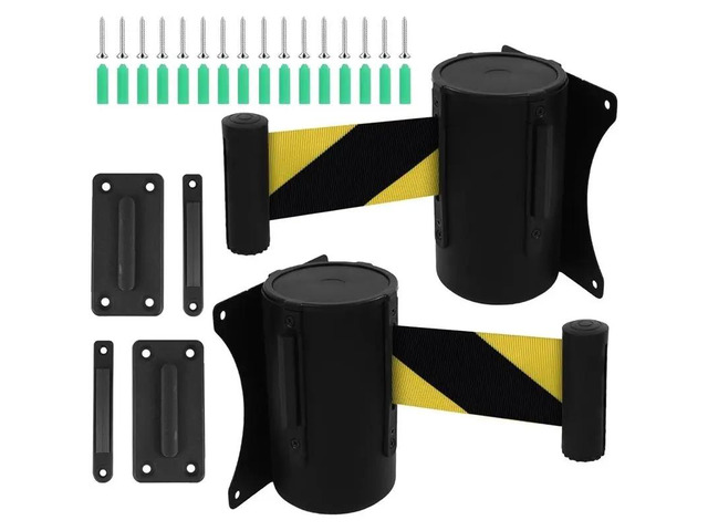 Wall Mount Retractable Belt Barrier 2 Pack,Fixed Retractable Belt Barrier With Steel Case 16' Black And Yellow Belt