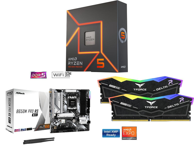 CPU Motherboard Memory Combo - AMD Ryzen 5 7600X Bundle with ASRock B650M Pro RS WiFi and Team Group FF3D516G6000HC38ADC01