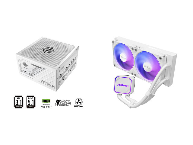 ASRock SL-1000GW Gold 1000W Full Modular Power Supply ASRock AIO Pro White 240 ARGB 27mm radiator, ARGB waterblock, ARGB Hub-lighting fan, white...
