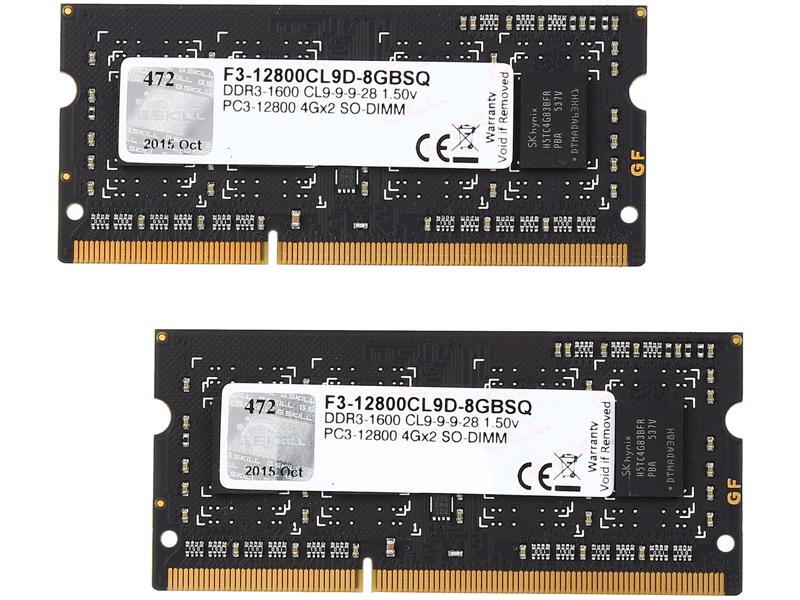 G.SKILL 8GB (2 x 4GB) DDR3 1600 (PC3 12800) Laptop Memory, F3-12800CL9D-8GBSQ